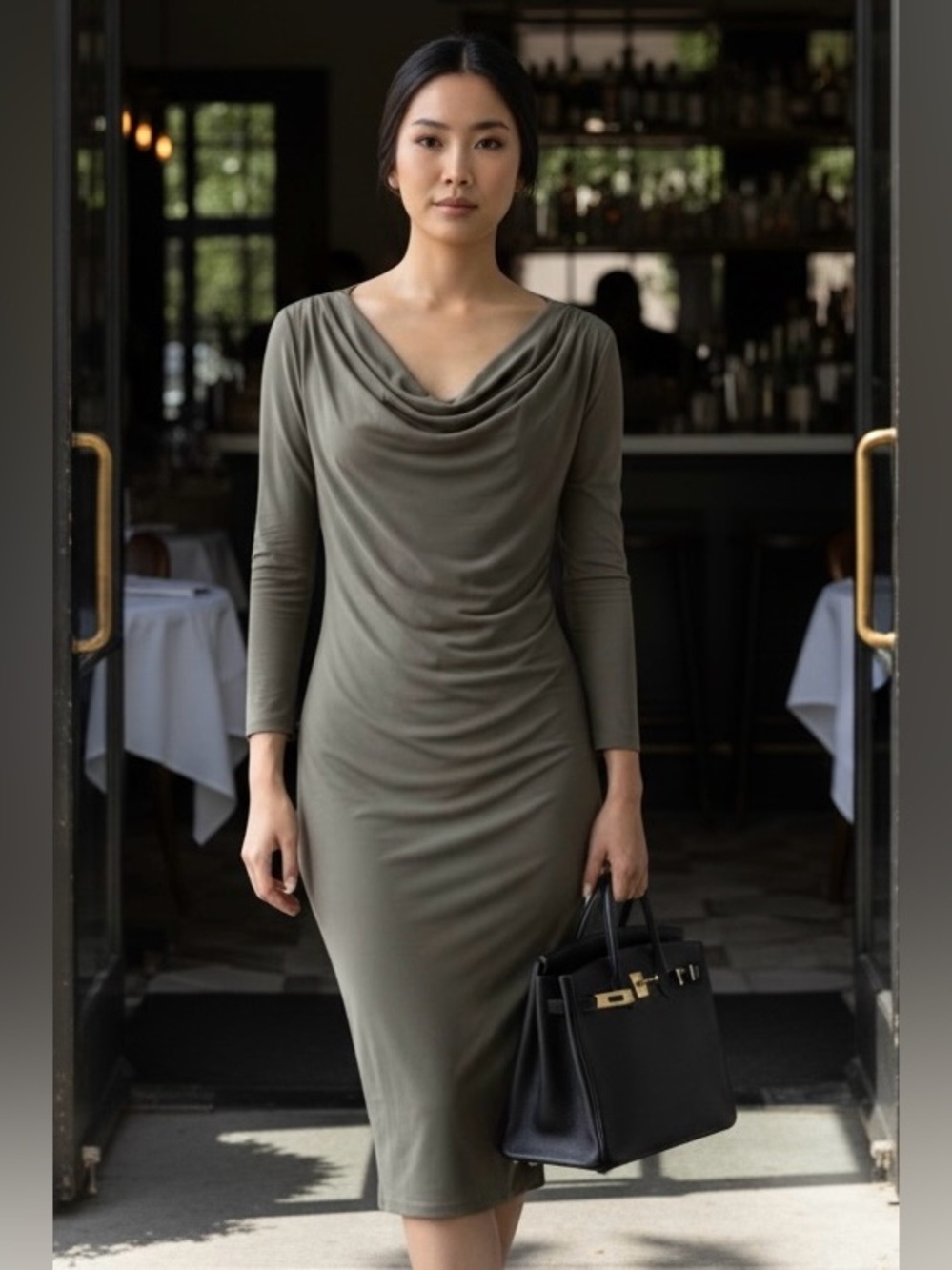 Calvin Klein Sage Green Cowl Neck Midi Dress Lined | Draped Long Sleeve | SIZE 6